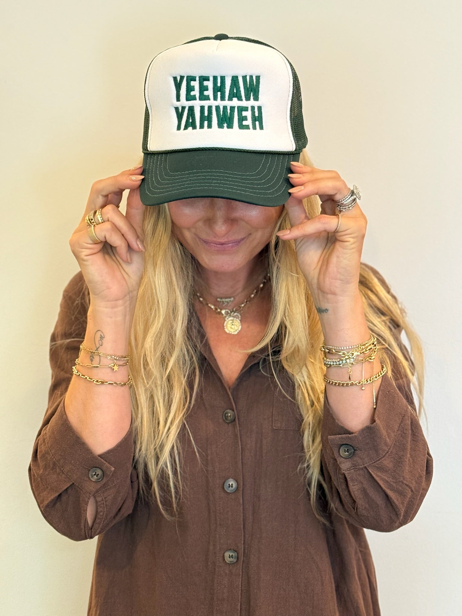 Yeehaw Yahweh Green + White Trucker Hat