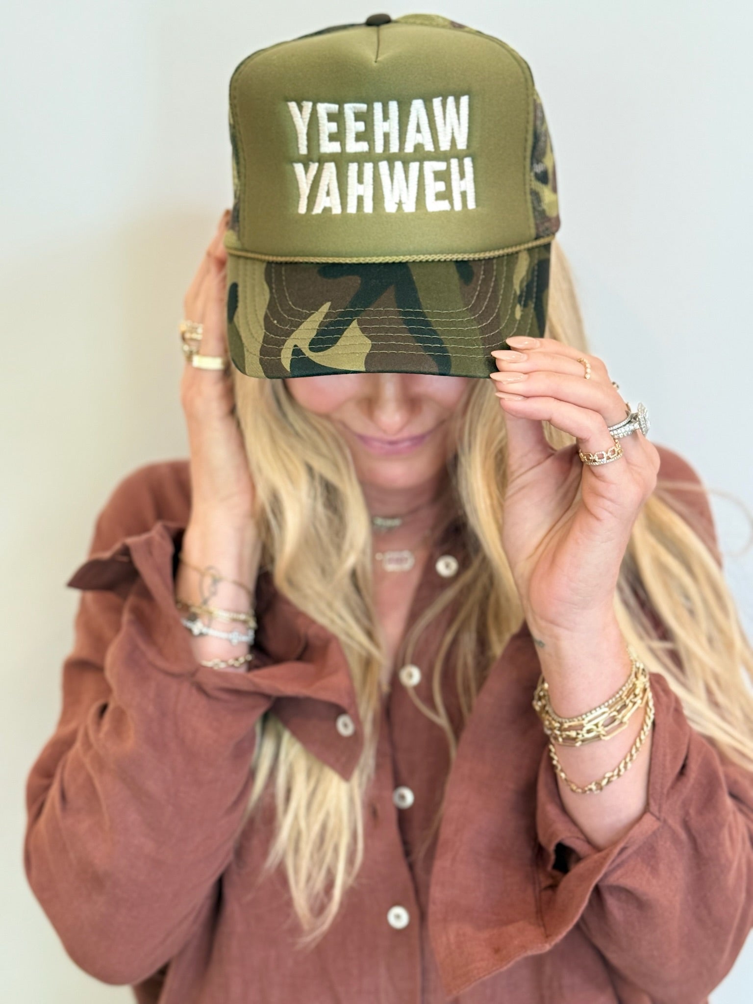 Yeehaw Yahweh Camo Trucker Hat