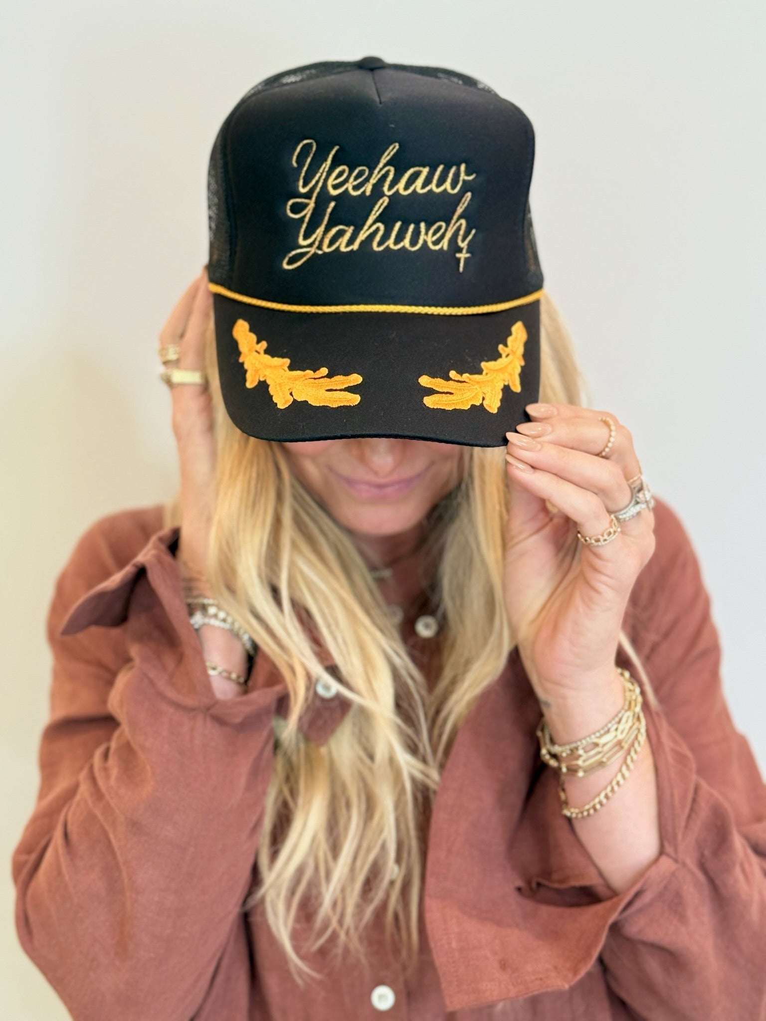 Yeehaw Yahweh Black + Gold Trucker Hat