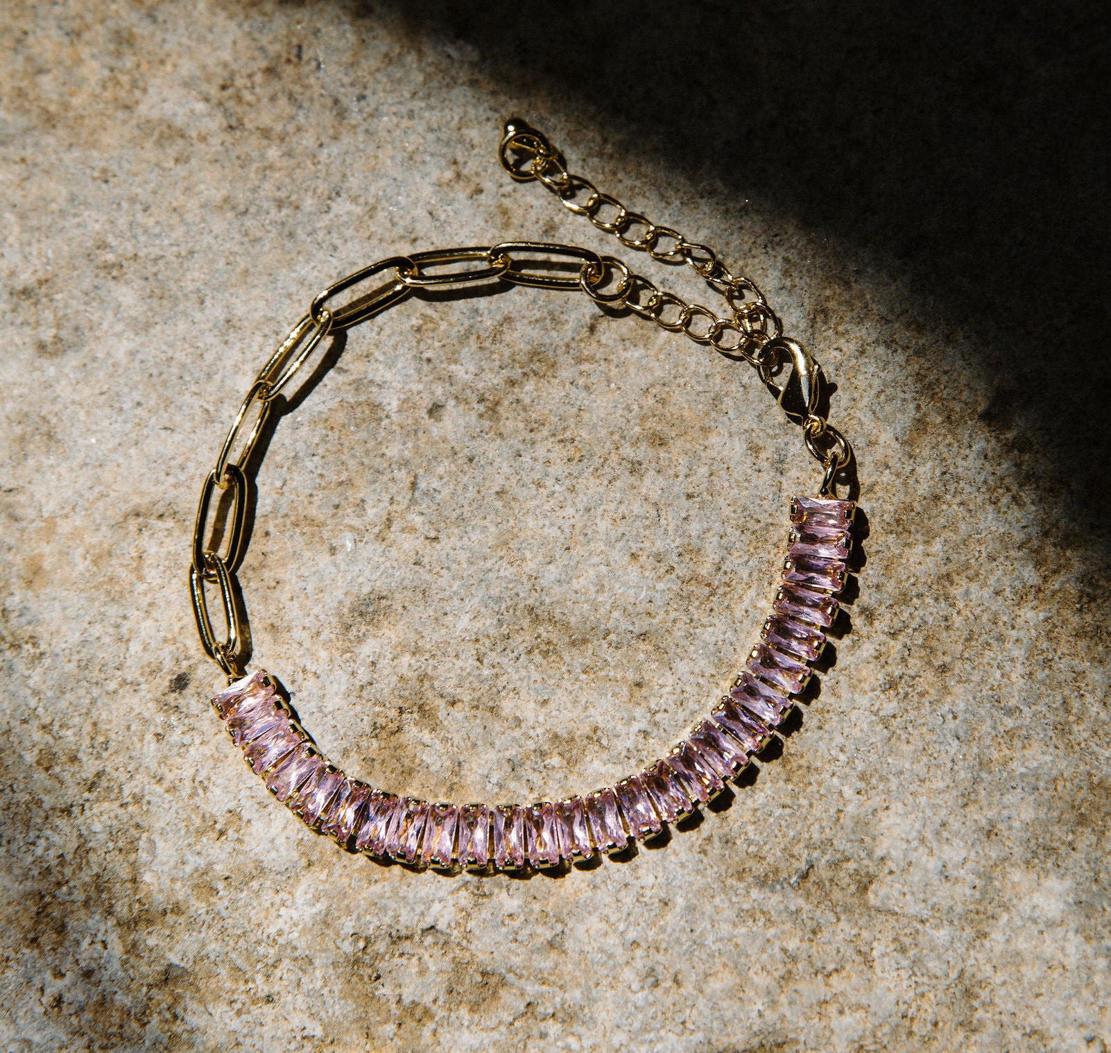 Pink Baguette Tennis Paperclip Bracelet